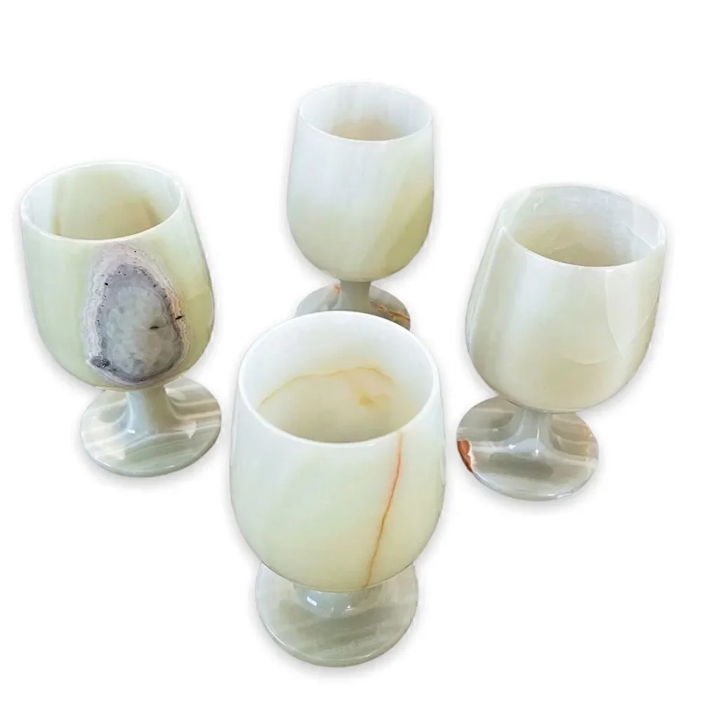 Set of 4 Vintage Green Opal Marble Wine Glasses Goblets